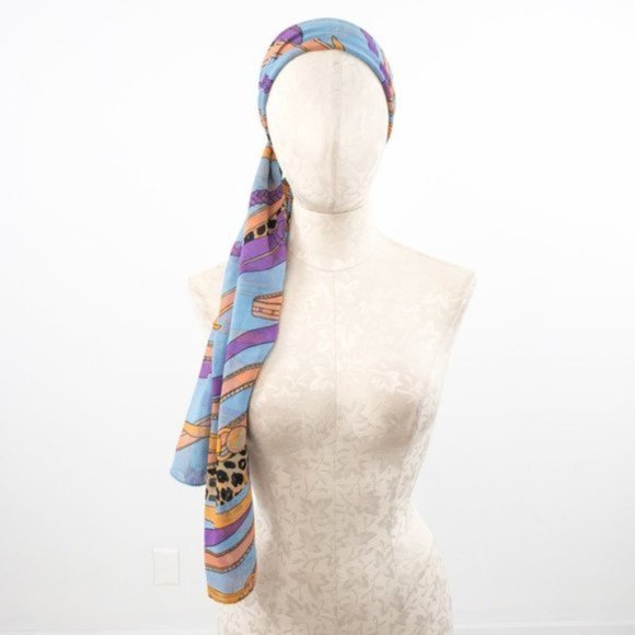 Vintage Scarf 80s 90s OS Silk Chiffon Fashion Graphic Print Blue - Picture 8 of 12